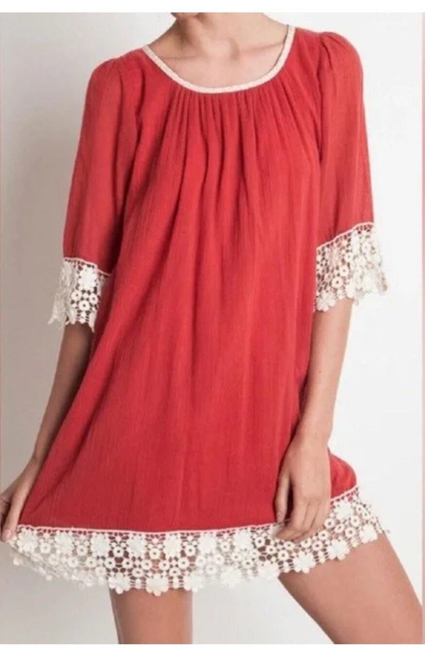 Umgee Rust Crochet Lace Trim Boho Cottagecore Shift Dress Women's Medium